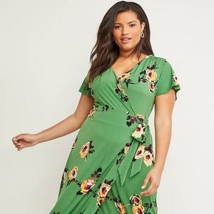 Green Floral Midi Wrap Dress